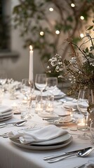 Fototapeta premium Dining table decorated for an evening dinner party, dinner concept for two glasses, luxury elegant table setting dinner in a restaurant