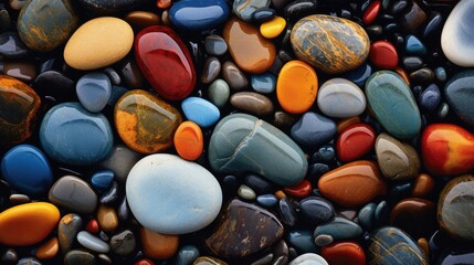 Abstract background with pebbles. Colorful wet beach rocks and stones background