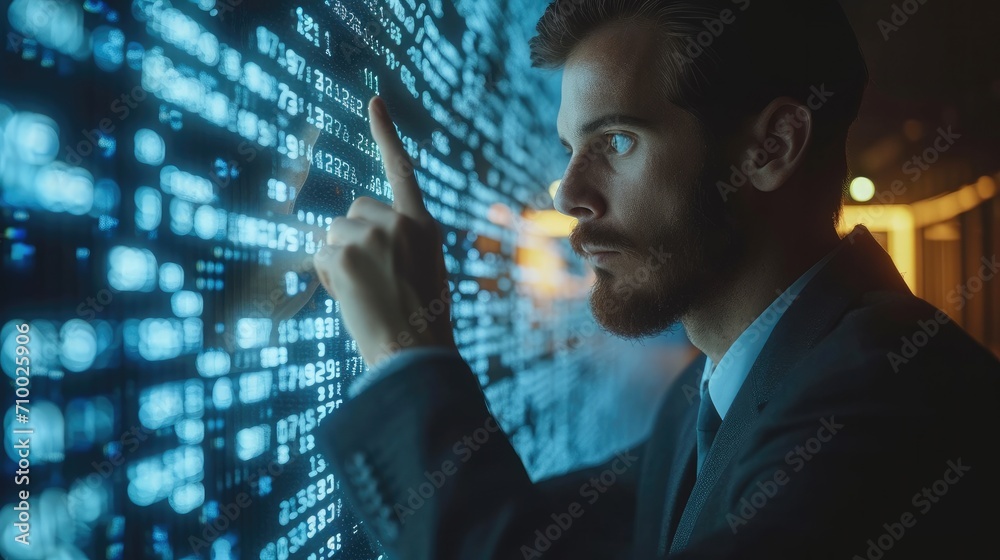 Poster corporate man examining data on futuristic hologram, using a finger, front view, with numbers writte
