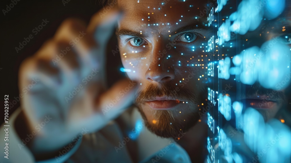 Poster Corporate man examining data on futuristic hologram, using a finger, front view, With numbers written on the display. Generative AI.