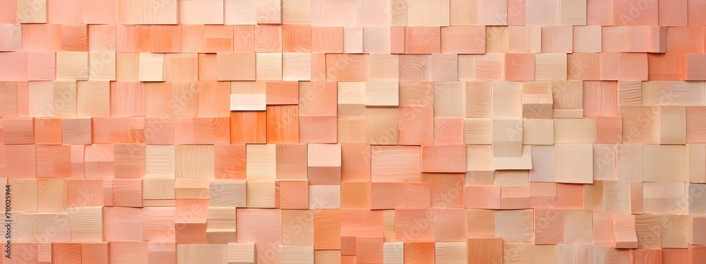 Poster abstract geometric peach fuzz colors, apricot colored 3d wooden square cubes texture wall background