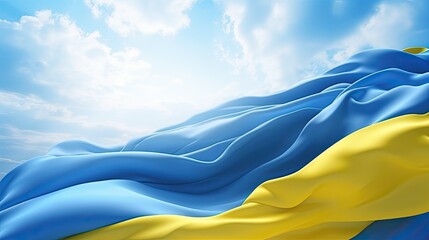 the national flag of Ukraine waving in the wind on a clear day, contemporary aesthetics to convey the pride and elegance associated with the flag.