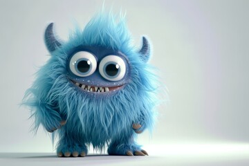 Fototapeta premium Cute blue furry monster 3D cartoon character