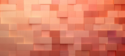 Abstract geometric peach fuzz colors, apricot colored 3d wooden square cubes texture wall background banner panorama long, textured wood wallpaper.