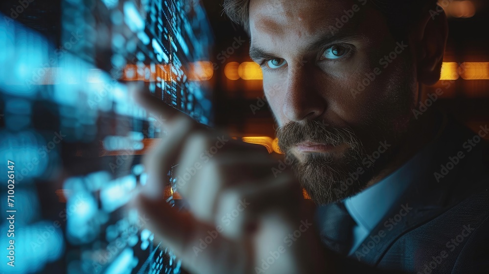 Fototapete corporate man examining data on futuristic hologram, using a finger, front view, with numbers writte
