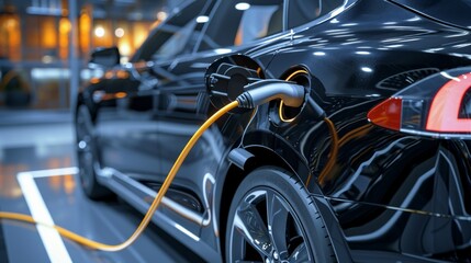 Fototapeta premium Illuminating the Road to a Sustainable Future, An Enchanting Dance Between an Electric Car and Its Charger