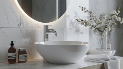 Fototapeta na wymiar Reflections of Serenity, An Elegant Interplay of a Circular Mirror and a Stylish Bathroom Sink