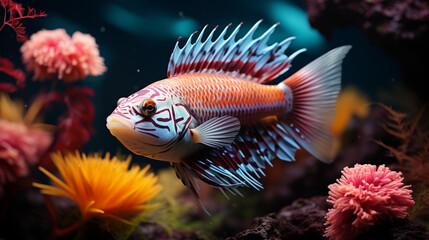 Naklejka na ściany i meble tropical colorful fish swimming in a reef aquarium. Undersea world