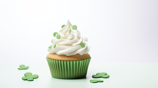 a decorated cupcake on a white background, celebrating St. Patrick's Day, contemporary aesthetics to highlight the festive sweetness of the cupcake.