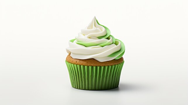 a decorated cupcake on a white background, celebrating St. Patrick's Day, contemporary aesthetics to highlight the festive sweetness of the cupcake.