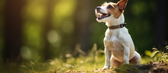 Jack Russell dog standing on grass with front paws on stone, mouth open, looking up, shallow depth of field, side view, horizontal photo. - Powered by Adobe