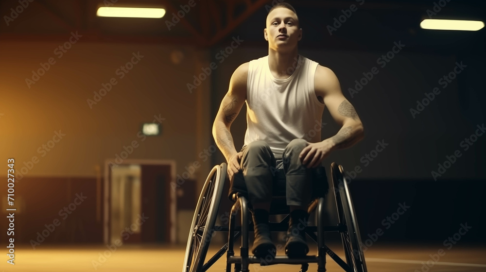 Wall mural Young Caucasian athlete in a wheelchair plays basketball in the gym.