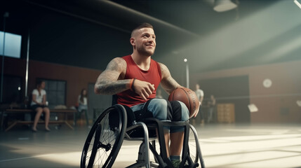Fototapeta na wymiar Young Caucasian athlete in a wheelchair plays basketball in the gym.