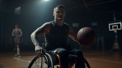 Young Caucasian athlete in a wheelchair plays basketball in the gym.