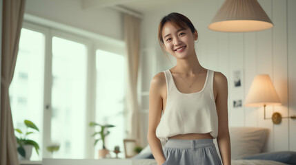 Asian woman dressed in casual clothes at home.