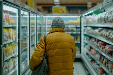 man pushing a cart and looking at the shelves of frozen foods