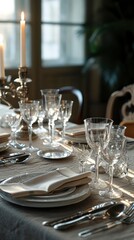 Dining table decorated for an evening dinner party, dinner concept for two glasses, luxury elegant table setting dinner in a restaurant