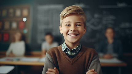 Caucasian boy with arms crossed in class.