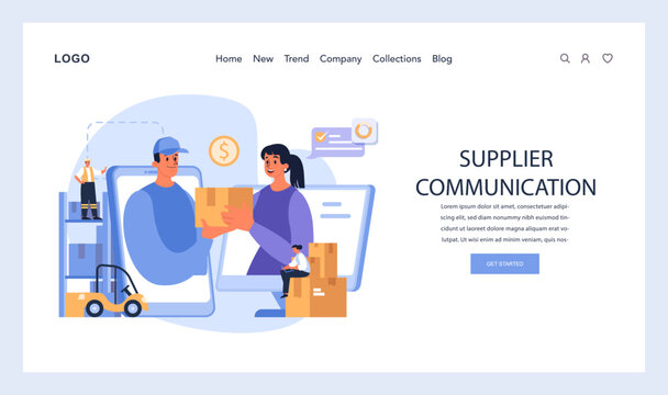 Supplier Communication concept. Seamless interaction in the supply chain captured as a courier hands over a package to a businesswoman, with digital finance icons symbolizing transaction efficiency.