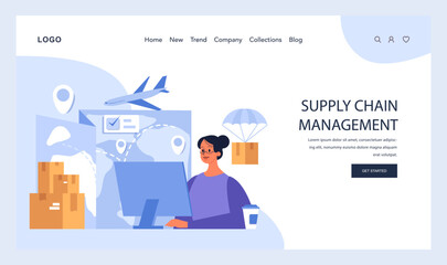 Supply Chain Management concept. An expert orchestrates global logistics with the aid of technology, ensuring efficient transportation and delivery. Flat vector illustration