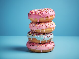 colorful doughnuts stacked on table against blue background, light turquoise and dark gray