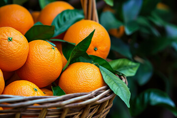 basket of ripe oranges, with leaves still attached