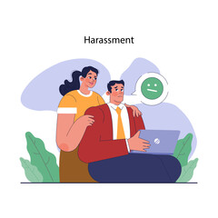 Sexual harassment in workplace. Assault and abuse behavior. Female coworker groping male office worker at work. Inappropriate corporate communication. Flat vector illustration