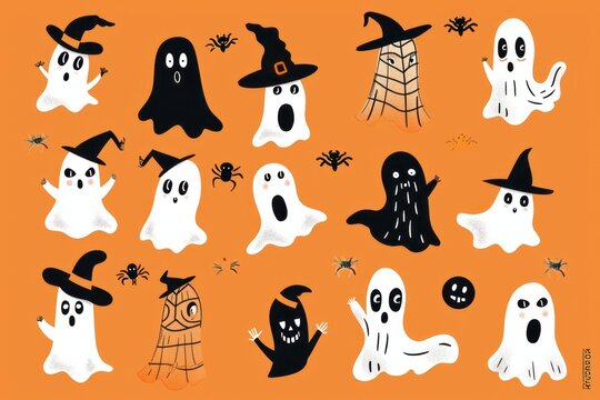 Cute ghosts with various hats and different costumes on an orange background royal, in the style of authentic expressions, haunting visuals, bold black and whites