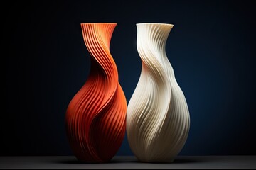 Two abstract twisted vases in contrasting colors on a dark background