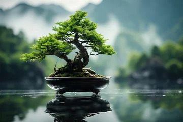 Rolgordijnen A serene bonsai tree on a mystical floating island with foggy backdrop © artem