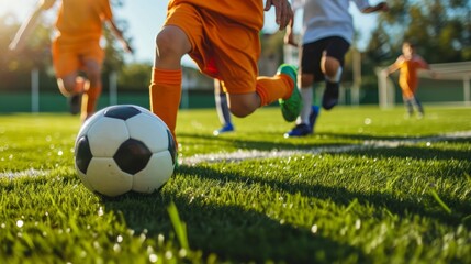 Obraz premium Kids soccer football - young children players match on soccer field. Banner