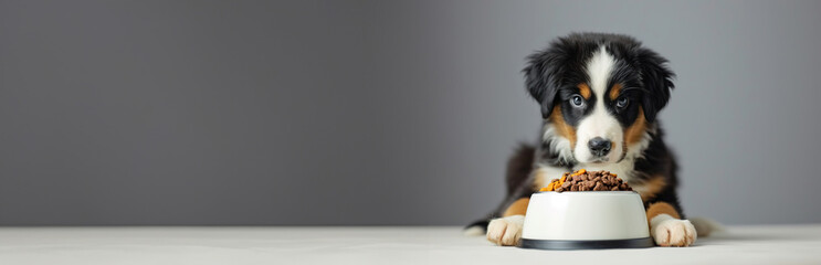  puppy eating from a bowl on a spacious wooden floor, looking at camera, banner with copyspace for...