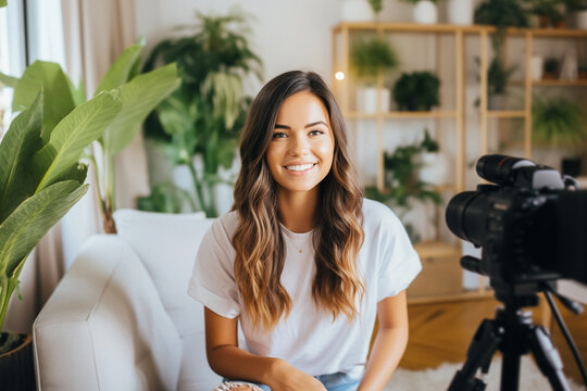 Smiling young woman content creator recording a video in living room