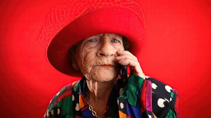 Funny closeup portrait of toothless old elderly woman wearing red hat isolated on red background...
