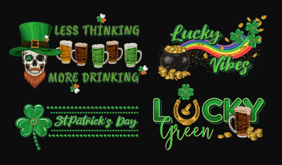 St Patricks Day horizontal Labels with holiday objects, text on black background. Skull, beer, pot with golden coins. For clothing, apparel, T-shirts, holiday stuff, goods decoration Vintage style