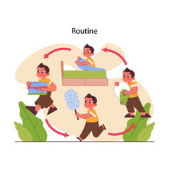 Child doing household chores. Formation of your child's responsibility. Little kid doing household chores, helping parents with cleaning. Positive parenting tips. Flat vector illustration