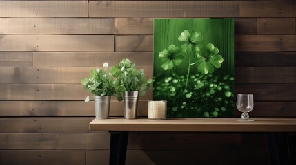 St. Patrick's Day decorations on a wooden background, clean lines and contemporary aesthetics to create a visually pleasing scene that captures the essence of the Irish celebration.