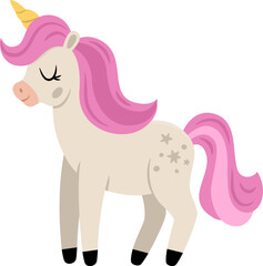 Vector unicorn with yellow horn and pink mane. Fantasy animal. Fairytale horse character for kids. Cartoon magic creature icon isolated on white background.