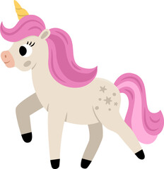 Vector unicorn with yellow horn and pink mane. Fantasy walking animal. Fairytale horse character for kids. Cartoon magic creature icon isolated on white background.