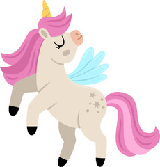 Vector unicorn with yellow horn and pink mane. Fantasy animal with wings standing on back feet. Fairytale horse character for kids. Cartoon magic creature icon isolated on white background.