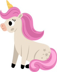 Vector unicorn with yellow horn and pink mane. Fantasy sitting animal. Fairytale horse character for kids. Cartoon magic creature icon isolated on white background.