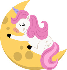 Vector unicorn with purple horn and pink mane. Fantasy animal sleeping on half moon. Fairytale horse character for kids. Cartoon magic creature icon isolated on white background.