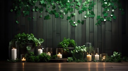 St. Patrick's Day decorations on a wooden background, clean lines and contemporary aesthetics to create a visually pleasing scene that captures the essence of the Irish celebration.
