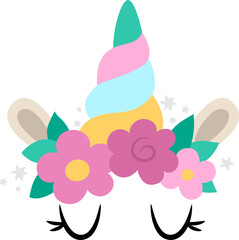 Vector unicorn face. Fantasy animal with rainbow colored horn, closed eyes, flowers, ears. Fairytale horse character for kids. Cartoon magic creature icon isolated on white background.