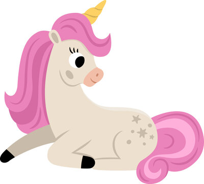 Vector unicorn with yellow horn and pink mane. Fantasy sitting animal. Fairytale horse character for kids. Cartoon magic creature icon isolated on white background.