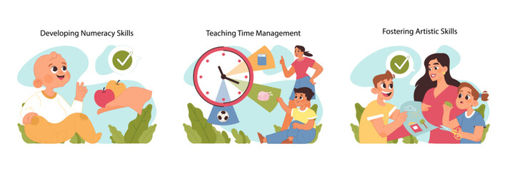 Early education with numeracy skill development, time management and artistic talents in young children. Parents teaching kids basic arithmetic, art and self-discipline. Flat vector illustration