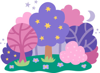Fototapeta na wymiar Vector magic forest landscape. Fairytale world concept with trees, stars, flowers, moon, night sky and bushes. Fantasy outdoor illustration. Cute fairy tale mystical scene with plants.