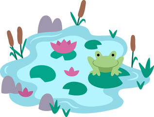 Naklejka premium Vector pond landscape. Environment friendly concept with marsh, frog, reeds. Ecological or outdoor camping illustration. Cute nature scene .