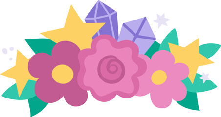 Vector composition with pink flowers, leaves., stars and purple diamonds. Unicorn treasure concept. Floral fantasy world decoration for cards isolated on white background.