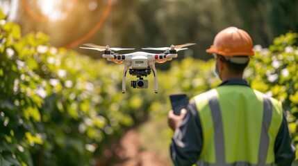 A man from behind with a safety vest in foreground controls a big drone in background with the remote control working over a plantation, Sunny day. Generative AI.